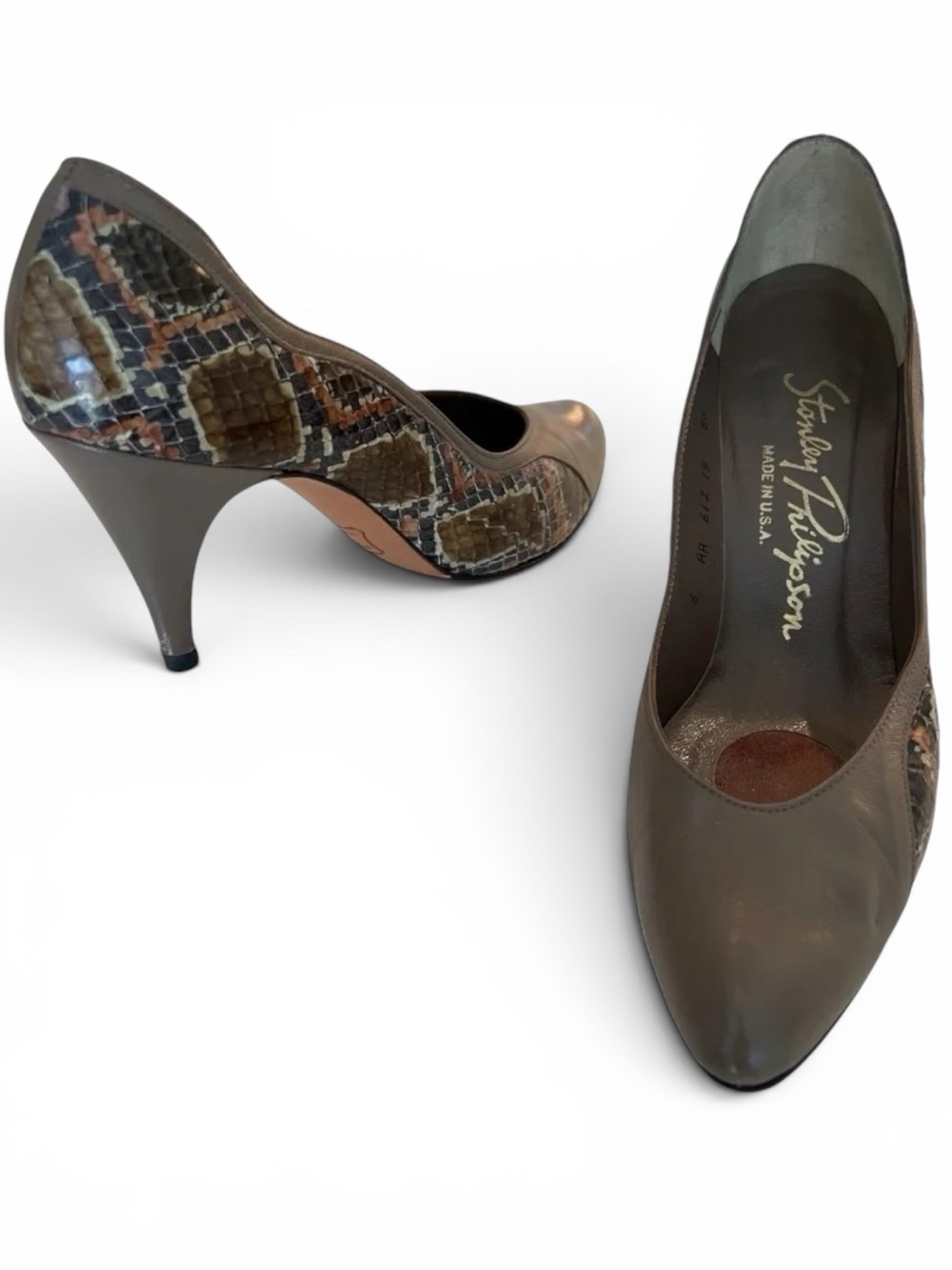 Vintage Stanley Philipson Snakeskin Detail Leather Pumps Taupe 6AA 3" Heel